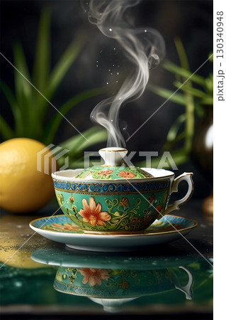 A beautifully detailed teacup with vivid floral patterns sits on a matching saucer, releasing steam that gently swirls upward A beautifully detailed teacup with vivid floral patterns sits on a matching saucer, releasing steam that gently swirls upward 130340948