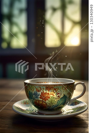 A beautifully detailed teacup with vivid floral patterns sits on a matching saucer, releasing steam that gently swirls upward A beautifully detailed teacup with vivid floral patterns sits on a matching saucer, releasing steam that gently swirls upward 130340949