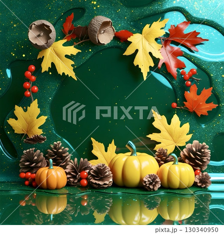 A vibrant Halloween-themed composition features a shiny orange and green jack-o'-lantern with a smiling face. A vibrant Halloween-themed composition features a shiny orange and green jack-o'-lantern with a smiling face. 130340950