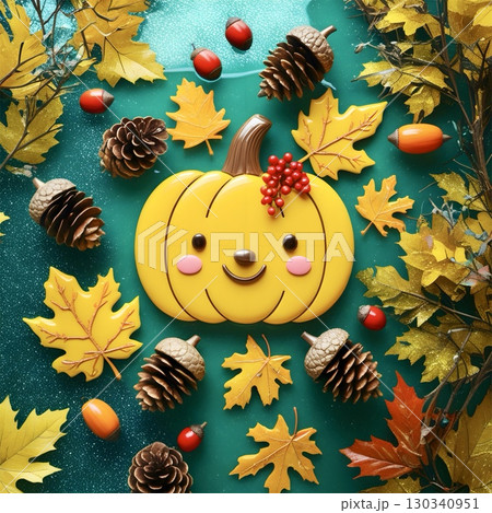 A vibrant Halloween-themed composition features a shiny orange and green jack-o'-lantern with a smiling face. 130340951