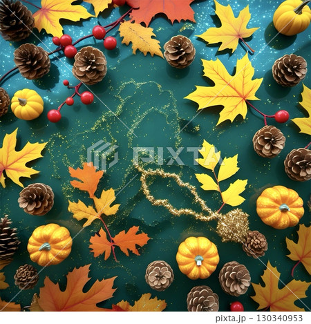 A vibrant Halloween-themed composition features a shiny orange and green jack-o'-lantern with a smiling face. 130340953