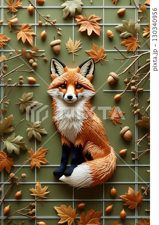 A detailed embroidered depiction of a fox (Vulpes vulpes) is situated at the center, surrounded by autumn-themed elements on a gridded green background. 130340956