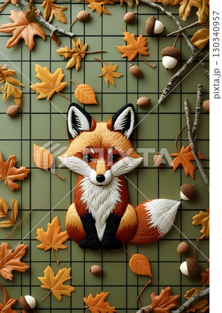A detailed embroidered depiction of a fox (Vulpes vulpes) is situated at the center, surrounded by autumn-themed elements on a gridded green background. 130340957