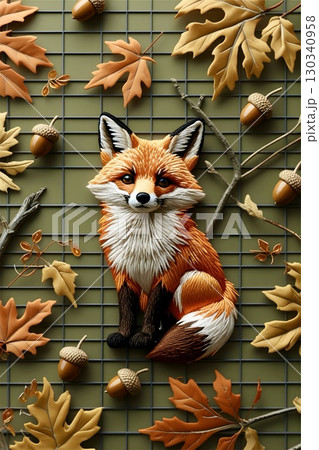 A detailed embroidered depiction of a fox (Vulpes vulpes) is situated at the center, surrounded by autumn-themed elements on a gridded green background. 130340958