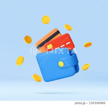 3D Wallet with Credit Cards and Flying Coins 130340960