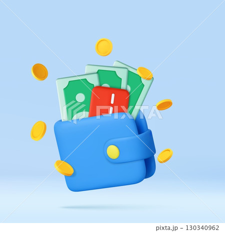 3d Wallet with Money Cash Coins and Card 130340962