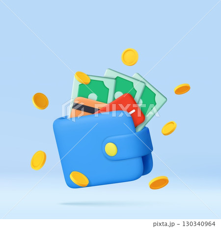 3d Wallet with Money Cash Coins and Cards 130340964