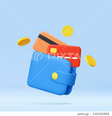3D Wallet with Credit Card and Coins. 130340969