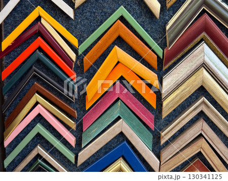 Colorful frame samples for paintings and photographs. Artistic design, decoration, and creative choices for interior styling. 130341125