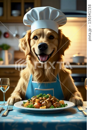 A golden retriever wears a chef's hat and red apron in a kitchen setting. The dog is positioned at a table with a plate of food, featuring couscous, broccoli, and sliced carrots. 130341158