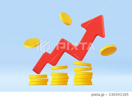 3d Increasing Profits with Coins and Rising red Arrow 3d Increasing Profits with Coins and Rising red Arrow 130341165