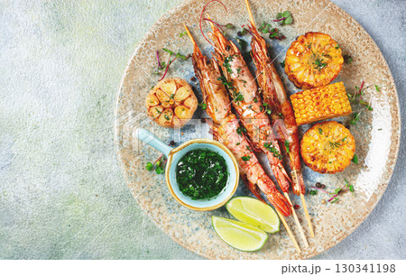 langoustines on skewers, shrimp kebab, with fried corn, spices and herbs, homemade, no people, langoustines on skewers, shrimp kebab, with fried corn, spices and herbs, homemade, no people, 130341198