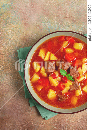 meat goulash, with potatoes and carrots, sweet pepper, traditional Hungarian soup, homemade, no people, 130341200