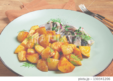 new potatoes, with pickled herring, and red onions, homemade, no people, 130341206