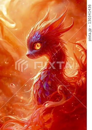 A vibrant, fantastical creature with dragon-like features is depicted. It has vivid orange eyes and a body covered in angular, reflective scales that transition from blue to red. 130341436