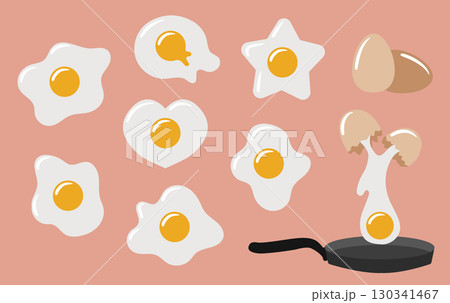 Scrambled or fried eggs set of elements. Eggs of different shapes. Vector collection of breakfast food. 130341467