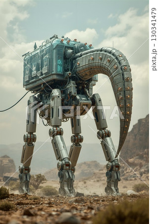 A robotic creature with a boxy structure on four articulated legs stands in a rocky desert landscape. The robot features intricate mechanical details, including visible joints, wires, and panels. 130341479