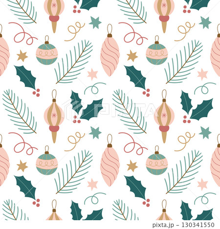 Seamless Christmas pattern with ornaments and holly 130341550
