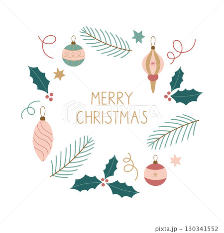 Christmas wreath with ornaments and lettering Christmas wreath with ornaments and lettering 130341552