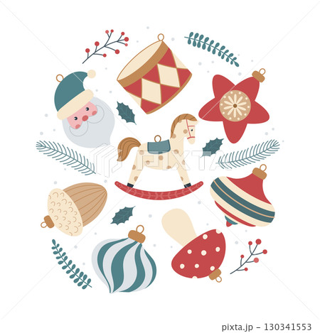 Christmas round composition with Santa and toys 130341553