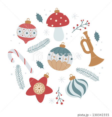 Christmas round composition with retro ornaments 130341555