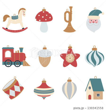Set of vintage Christmas ornaments and toys Set of vintage Christmas ornaments and toys 130341558