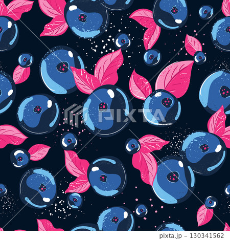 Vibrant pattern featuring blueberries surrounded by charming pink leaves Vibrant pattern featuring blueberries surrounded by charming pink leaves 130341562