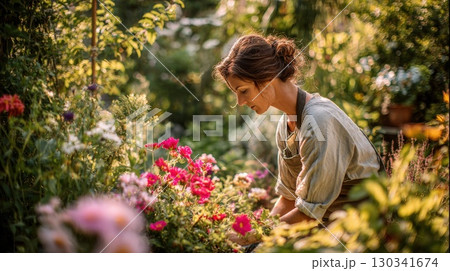 Woman Gardening in Sunny Outdoor Setting Surrounded by Colorful Flowers and Nature 130341674