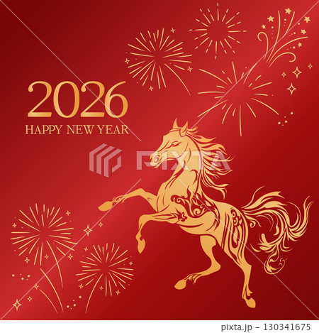 Chinese New Year 2026. Year of the Horse. Golden Horse Chinese Zodiac Symbol with fireworks and stars. Square greeting card or banner design. Chinese New Year 2026. Year of the Horse. Golden Horse Chinese Zodiac Symbol with fireworks and stars. Square greeting card or banner design. 130341675