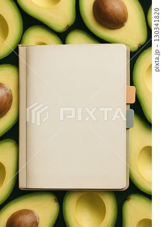 A blank beige notebook with tabs placed on a background of halved avocados, serving as free space for text. Generated AI. 130341820
