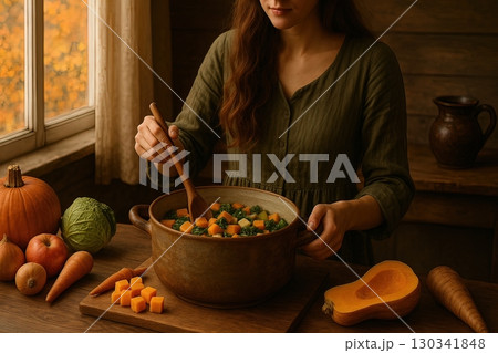 A woman stirs a pot of hearty vegetable soup in a rustic kitchen surrounded by autumn produce. Generated AI. A woman stirs a pot of hearty vegetable soup in a rustic kitchen surrounded by autumn produce. Generated AI. 130341848