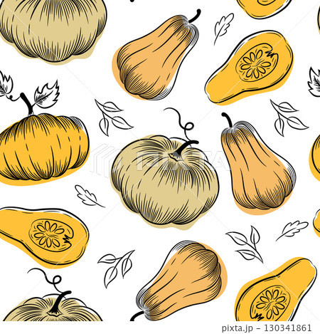 Pumpkin seamless pattern. Sketch style pumpkins different shapes on white background. Print for paper, packaging, fabric. 130341861
