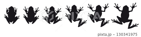 Set of black vector frog silhouettes isolated on white background. Collection of poisonous amphibians with slender long legs in various poses and in motion, shown from behind and from above. Set of black vector frog silhouettes isolated on white background. Collection of poisonous amphibians with slender long legs in various poses and in motion, shown from behind and from above. 130341975