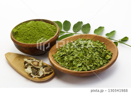 Natural Moringa Ingredients on white background Natural Moringa Ingredients on white background 130341988