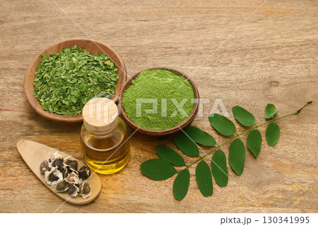 Natural Moringa Composition on wooden background 130341995