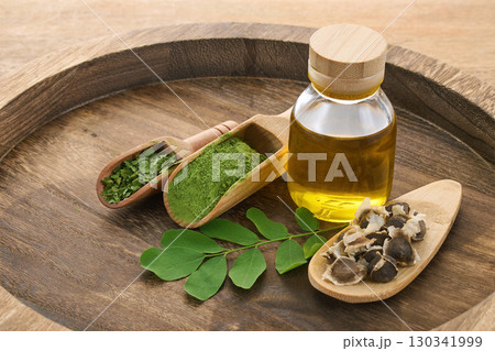 Moringa Ingredients on Wooden Tray Moringa Ingredients on Wooden Tray 130341999