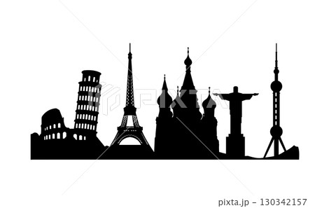 Black Silhouettes of Iconic Capitals and Landmarks in a Single Row on White Background. 130342157