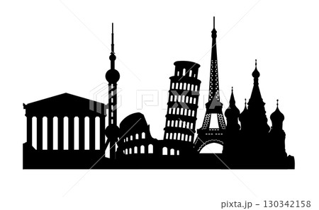 City Skyline Silhouettes of World Capitals and Landmarks on White Background. 130342158
