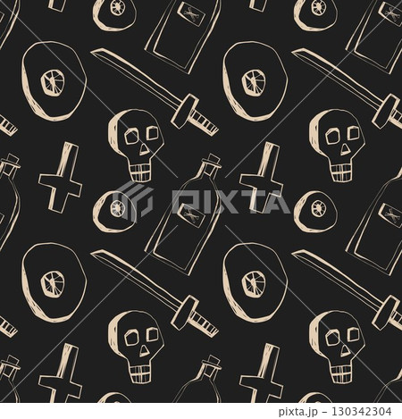 Halloween seamless pattern with skulls swords potion bottles and creepy doodles on dark background for textile wallpaper and decor 130342304