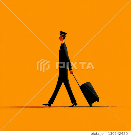 Minimalist illustration of a pilot walking with a suitcase against a bold orange background. Vector illustration 130342420