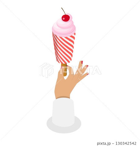 3D Isometric Flat Vector Set of Hands Holding Ice Creams, Food To-go, Cold Frozen Summer Dessert. Item 5 130342542