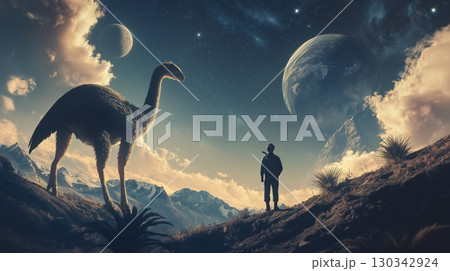 Exploring a surreal landscape with a giant dinosaur under alien skies and multiple moons Exploring a surreal landscape with a giant dinosaur under alien skies and multiple moons 130342924