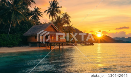 Breathtaking sunset over a tropical beach with a secluded wooden house and lush greenery 130342943