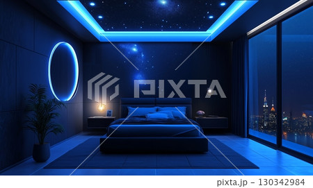 Cozy bedroom with stunning ocean view and moonlight illuminating the serene atmosphere at night 130342984
