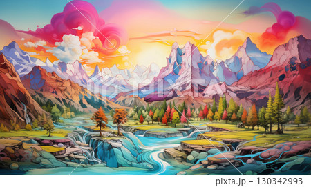 Vibrant mountain landscape with colorful peaks Vibrant mountain landscape with colorful peaks 130342993