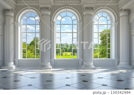 White grand hall with large windows in palace or castle, surrounded by lush greenery White grand hall with large windows in palace or castle, surrounded by lush greenery 130342994