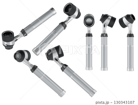 Dermatoscope medical instrument, different angles. 3D rendering Dermatoscope medical instrument, different angles. 3D rendering 130343107