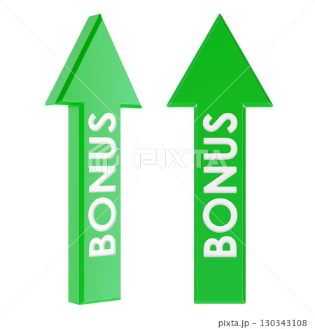 Green Bonus arrows, pointing up. Front and side views. 3D rendering Green Bonus arrows, pointing up. Front and side views. 3D rendering 130343108