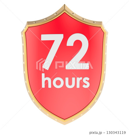 Red shield with 72 hours text. 3D rendering Red shield with 72 hours text. 3D rendering 130343119