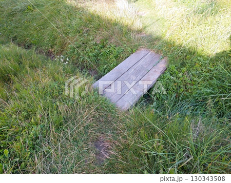 Wooden Bridge Crossing a Ditch Along a Grassy Path in a Rural Area During Daylight 130343508